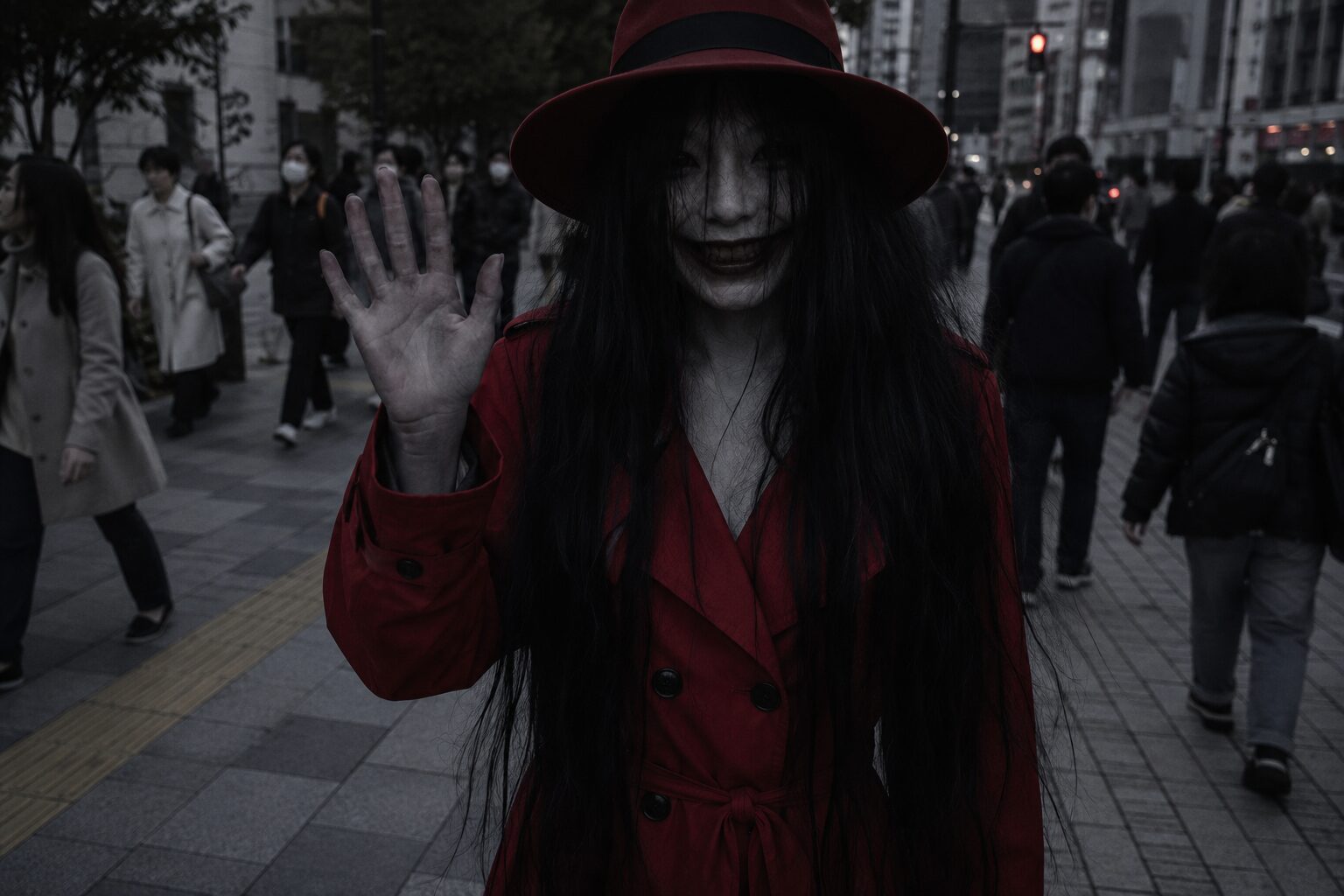 大通りの人がいる中で赤い帽子の赤いトレンチコートの髪が不摂生