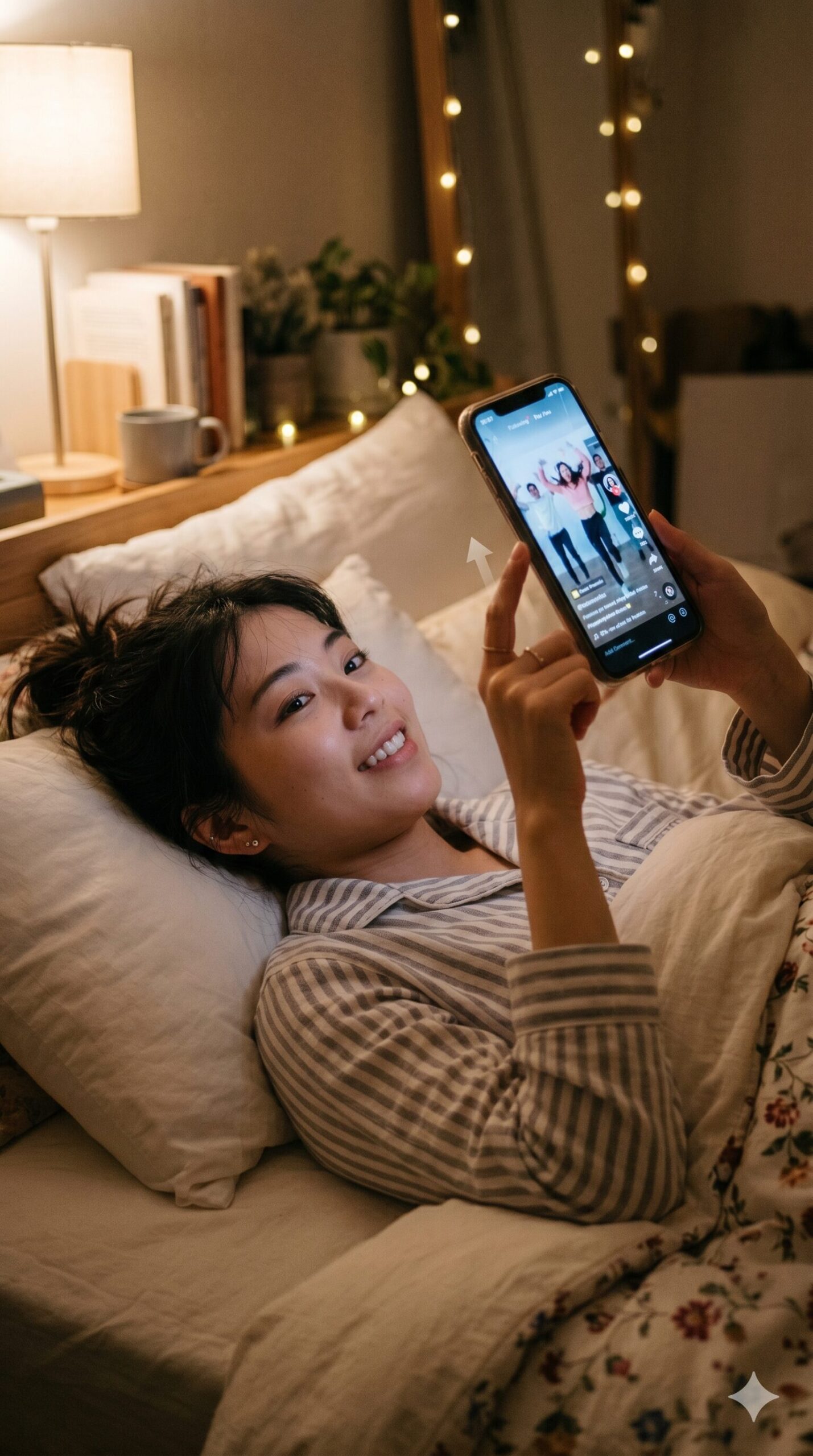 スマホを寝ながら持つ女性（AI画像生成失敗例）