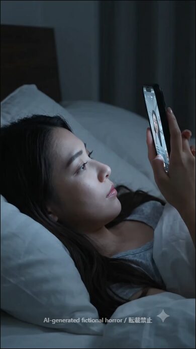 スマホを寝ながら見ている女性（AI生成画像成功例）